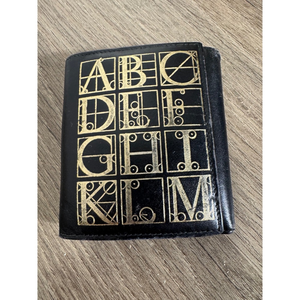 Paloma Picasso Black Leather Tri Fold Wallet‎ Gold Alphabet Design Made in Italy